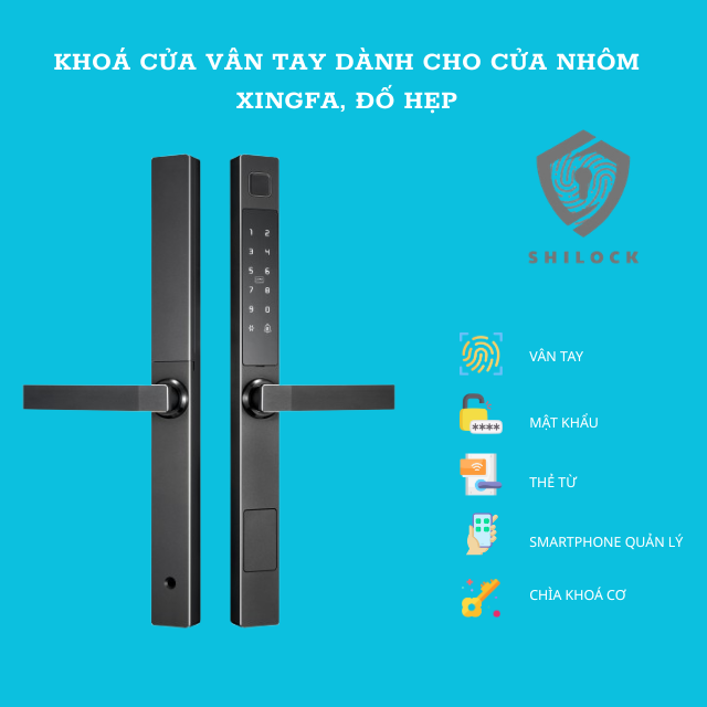 Khóa cửa vân tay SHILOCK SL-L308-BN thích hợp lắp cửa đố hẹp, nhôm, sắt